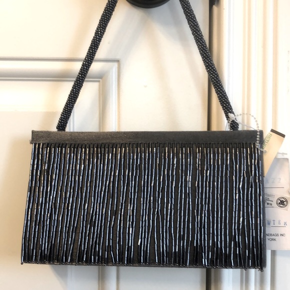 Sasha metallic gunmetal beaded satin clutch/crossbody- NWT - Picture 1 of 7